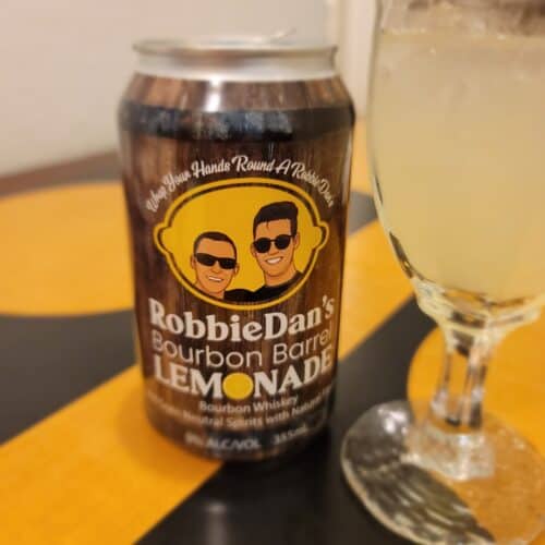 RobbieDan's Bourbon Barrel Lemonade Can and glass.