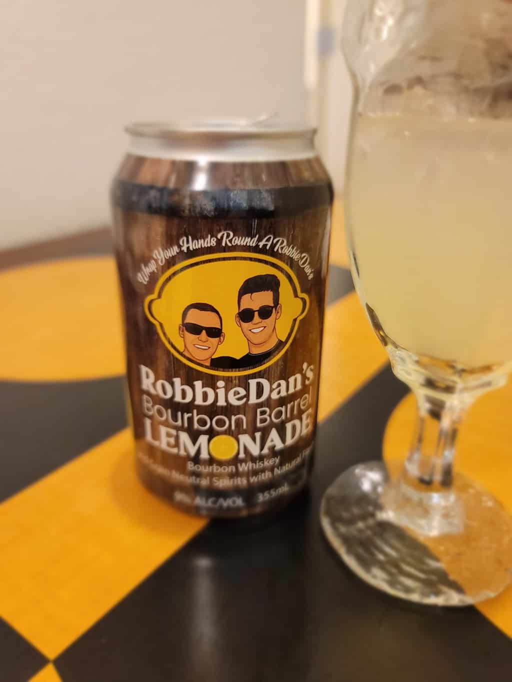 RobbieDan's Bourbon Barrel Lemonade Can and glass.