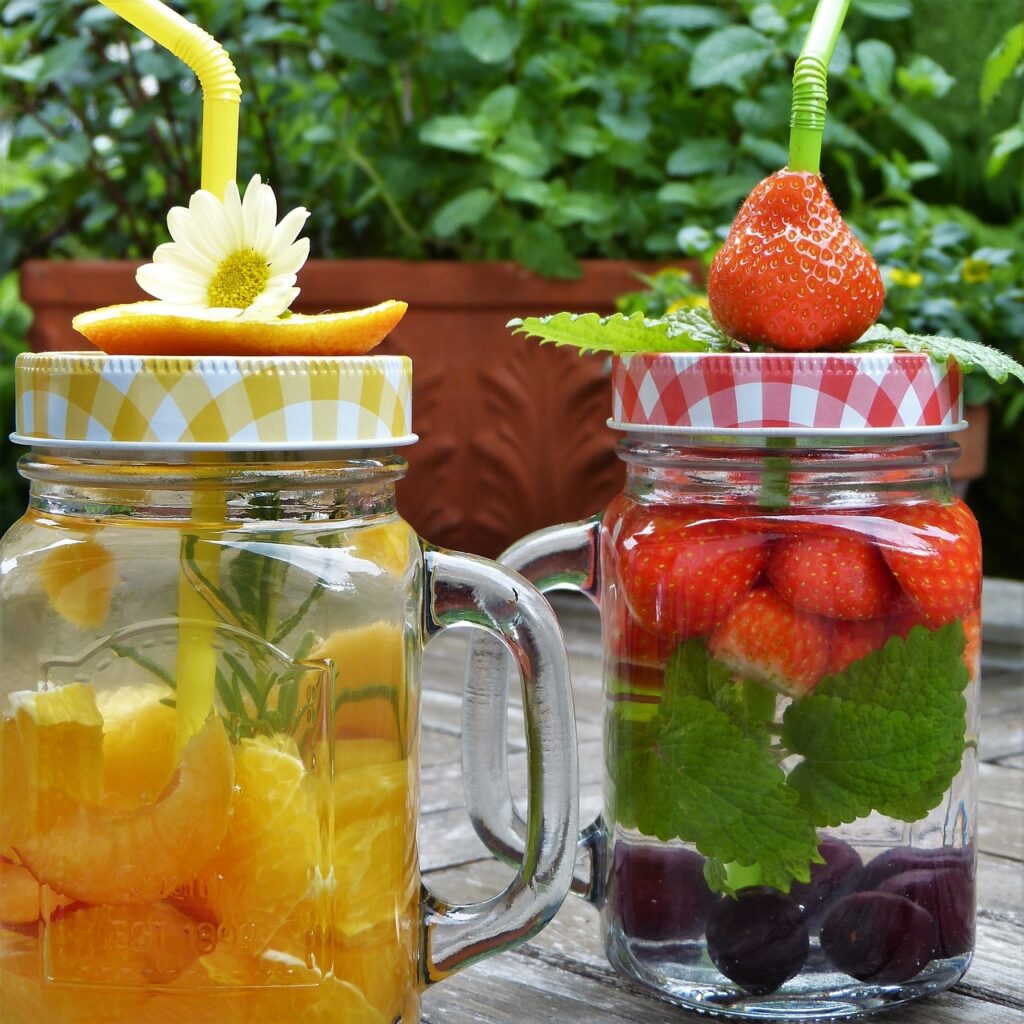 glasses, water, fruit