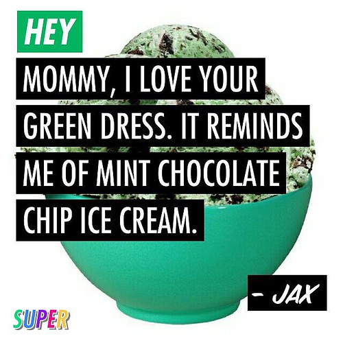 Bowl of ice cream with caption how the child loves his Mommy's green dress 