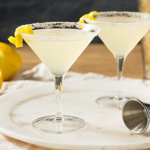 Lemon Drop Martini with twists of lemon peel