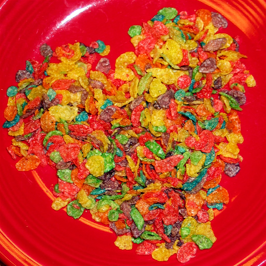 Bowl of Fruity Pebbles cereal