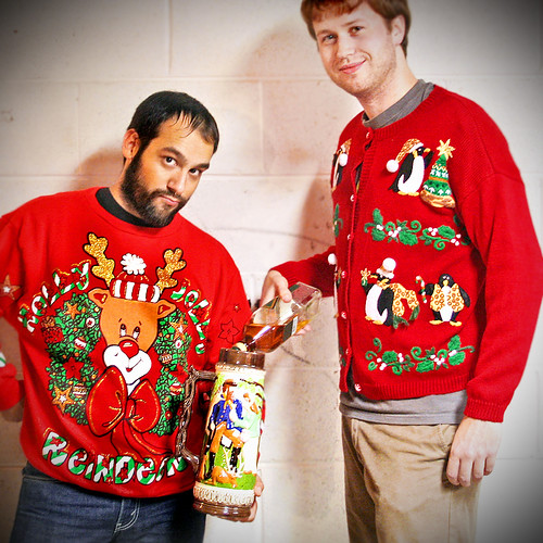 Ugly Sweater  party with two men and alcohol