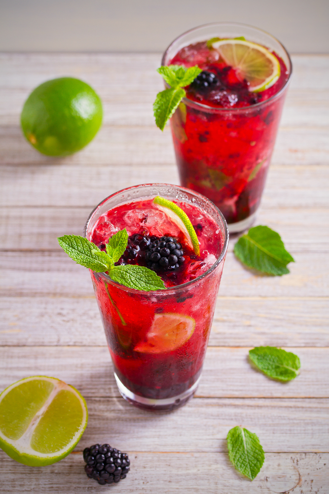Blackberry Basil Mojito in a glass with ice