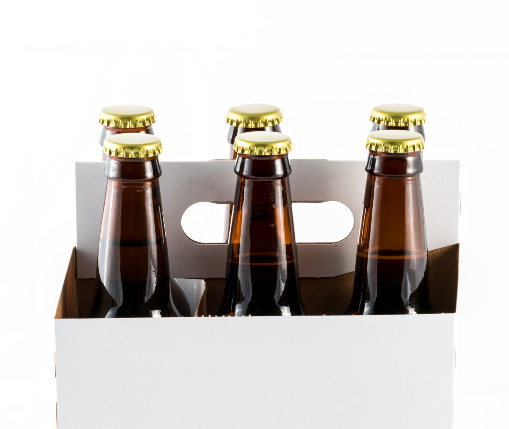 6 beer bottles in a cardboard pack