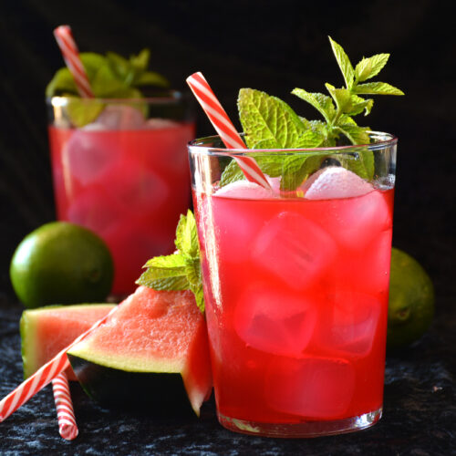 Watermelon Mint Mojito Cocktail with slices of watermelon on the side