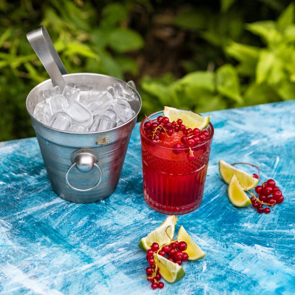 Cranberry Gin Fizz sitting next to an ice bucket