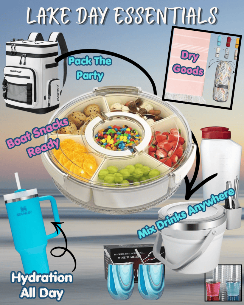 Lake Day Essentials collage showing a camping-style backpack, a split-compartment snack tray, a dry goods kit, a blue hydration bottle, a white insulated cup setup, and wine tumblers on a beach backdrop with the title 'Lake Day Essentials'.