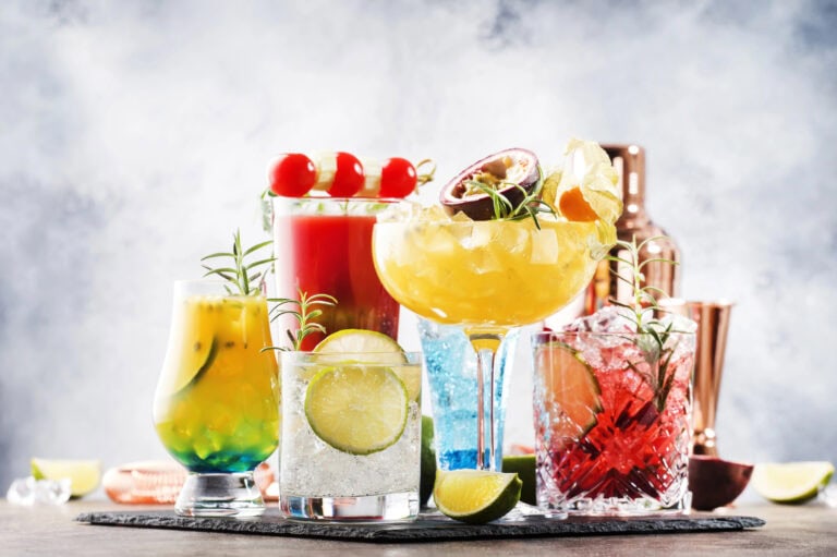 Sugar Free Cocktail Syrups in 6 colorful glasses