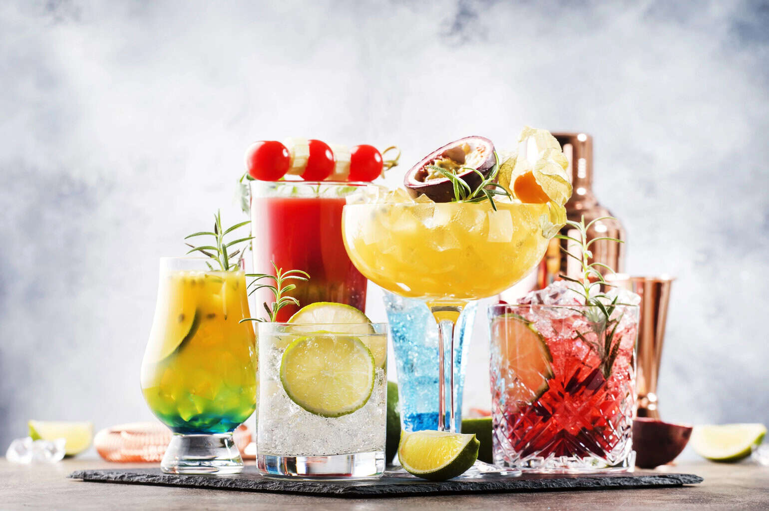 Sugar Free Cocktail Syrups in 6 colorful glasses