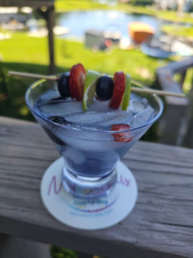 Berry Electric Cocktail outside on a rail with fruit garnish