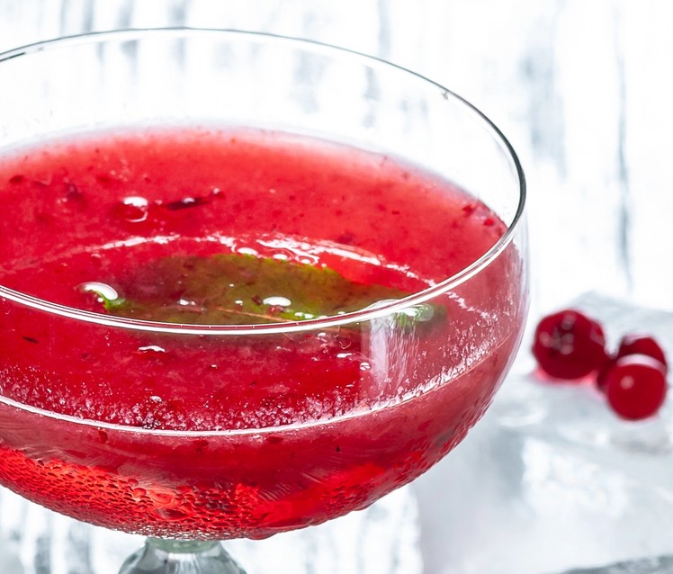 Cranberry Lemon Drop with cranberries and Ice cube on the side