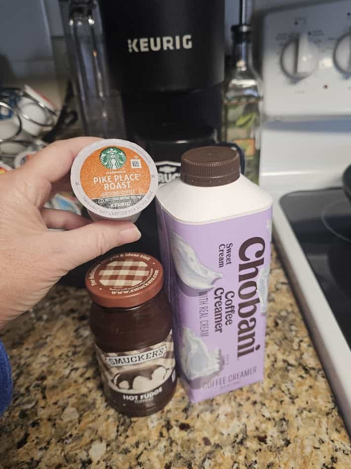 Iced Mocha Coffee Ingredients including coffee, chocolate sauce and creamer